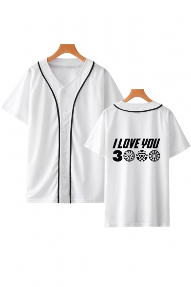 Summer Hot Fashion Letter I Love You 3000 Unisex Short Sleeve Button Down Baseball Shirt
