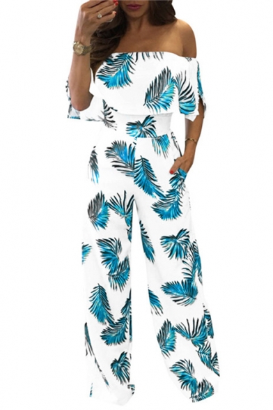Summer Stylish Tropical Leaf Printed Off the Shoulder Wide Leg Jumpsuits for Women