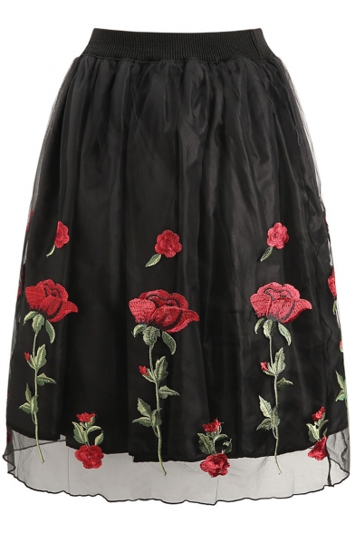 Summer Vintage Fancy Cubic Rose Floral Embroidery Tiered Mesh Black Midi Swing Skirt