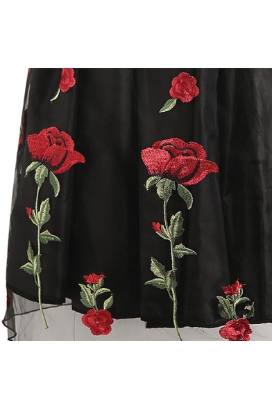 Summer Vintage Fancy Cubic Rose Floral Embroidery Tiered Mesh Black Midi Swing Skirt