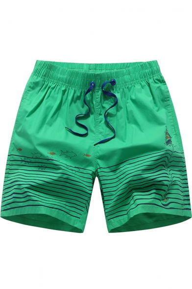 Summer Wave Fish Printed Zip Pocket Side Drawstring Waist Mens Cotton Swim Shorts