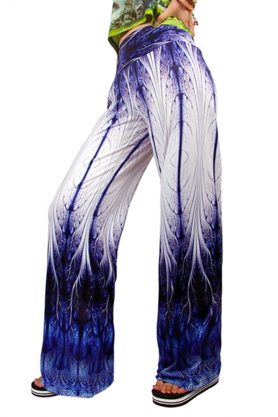 Trendy Blue Peacock Feather Printed Costume Palazzo Wide-Leg Pants