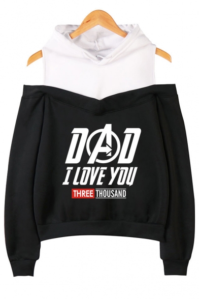 Trendy Cold Shoulder Long Sleeve Fake Two-Piece Letter DAD I LOVE YOU THREE THOUSAND Pullover Hoodie