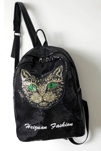 Trendy Fashion Cat Letter Pattern Sequined Casual Backpack 32*14*42 CM