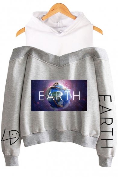 Trendy Galaxy Earth Printed Sexy Cold Shoulder Loose Fit Hoodie