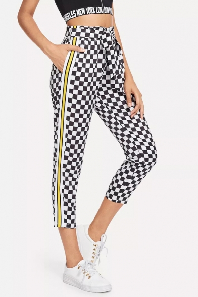 Trendy Stripe Tape Side Tied Waist Black and White Checkerboard Print Cropped Pants for Women