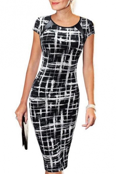 Trendy Unique Sketch Round Neck Short Sleeve Midi Pencil Dress for Office Lady