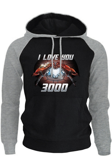 Unique Iron Hand Heart Letter I LOVE YOU 3000 Colorblock Long Sleeve Drawstring Hoodie