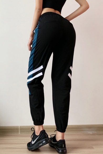 Unique Stripe Colorblock Womens Fitness Drawstring Waist Quick Dry Elastic Cuff Joggers Track Pants