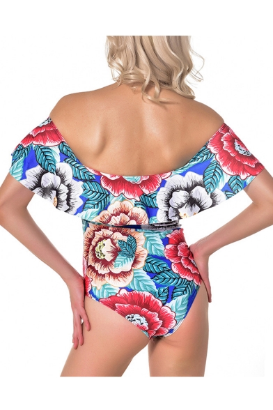 Vintage Fashion Floral Pattern Ruffle Hem Off the Shoulder Blue One Piece Swimsuit
