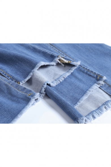 Women's Classic Fashion Raw Hem Split Cuff Fitted Blue Flared Jeans
