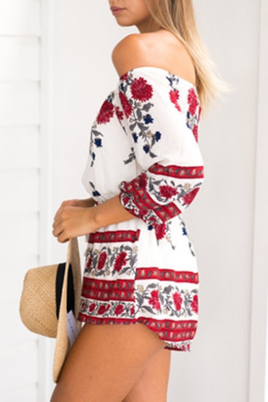 Women's Fashion Red Floral Printed Off the Shoulder Drawstring Waist Summer Beach Romper
