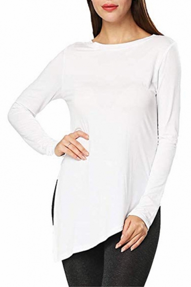 Women's Fashion Round Neck Long Sleeve Plain Split side irregular T-Shirt