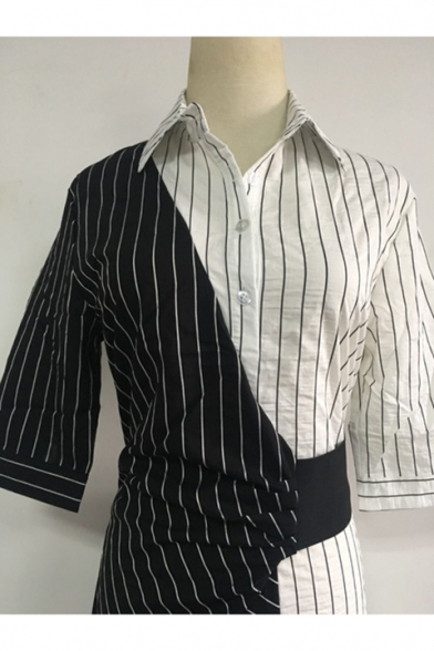 Women's Half Sleeve Collared Color Block Striped Printed Mini Shirt Black And White Dress