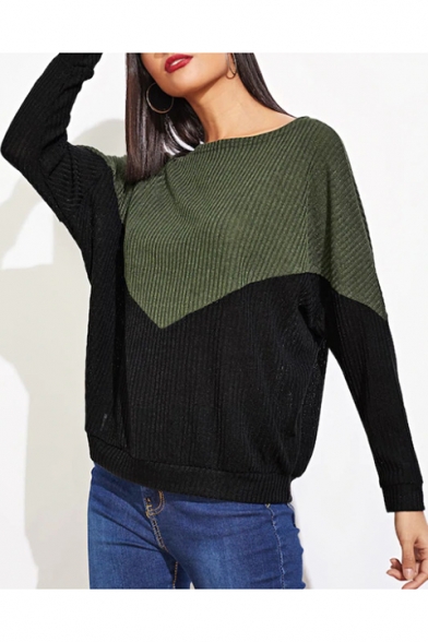 Women's Round Neck Long Sleeve Color Block Ribbed Detail T-shirt