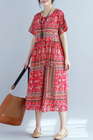 Women's New Floral Printed Round Neck Short Sleeve Loose Midi Cotton Swing Dress