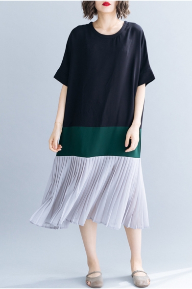 Women's New Trendy Color Block Round Neck Short Sleeve Midi Pleated T-Shirt Dress
