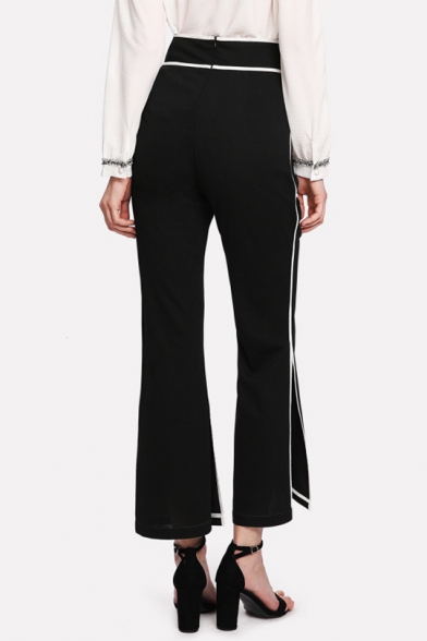 Women's New Trendy Contrast Piping High Rise Split Side Black Flare Pants