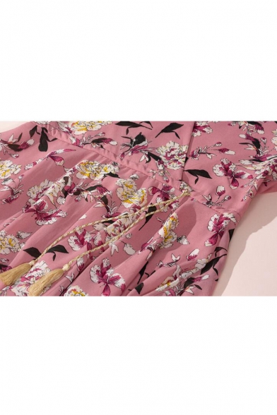 Women's New Trendy Floral Printed V-Neck Ruffle Long Sleeves Bow-Tide Waist Midi A-Line Chiffon Dress