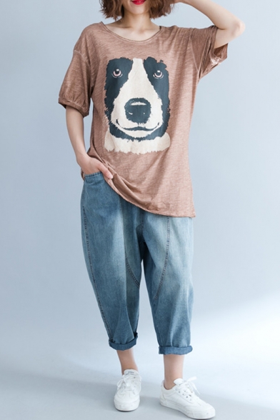 Women's New Trendy Short Sleeve Round Sleeve Dog Print Backless Plus Size T-Shirt