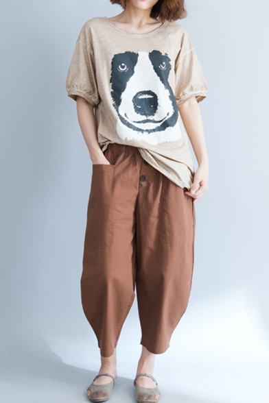 Women's New Trendy Short Sleeve Round Sleeve Dog Print Backless Plus Size T-Shirt