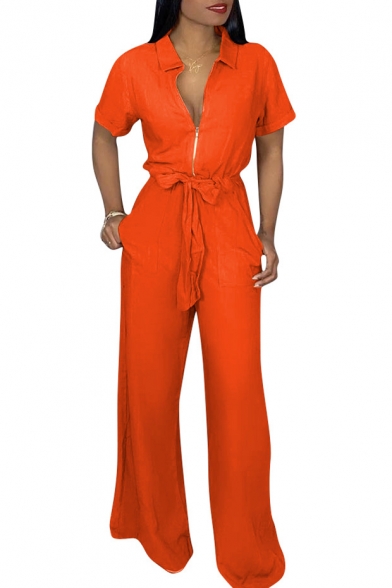 Women's New Trendy Solid Color Short Sleeve Zipper Front Bow-Tied Waist Jumpsuit