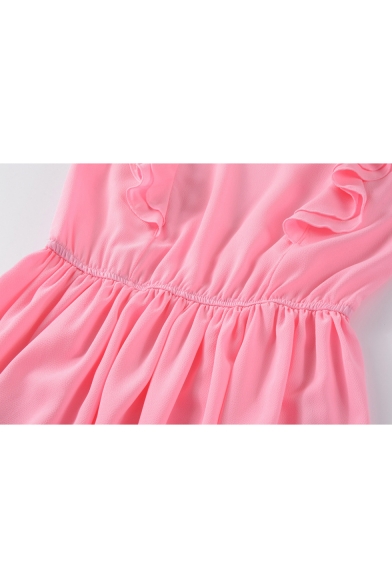 Women's Simple Solid Color Round Neck Ruffled Hem Mini A-Line Dress
