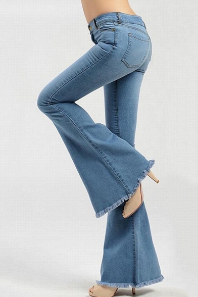 Women's Solid Color Light Blue Fashion Fringed Hem Slim Fit Flared Jeans