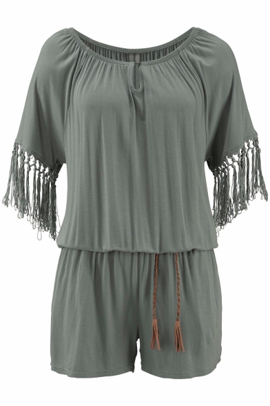Women's Summer Trendy Solid Color Off the Shoulder Tassel Sleeve Beach Casual Romper Playsuit