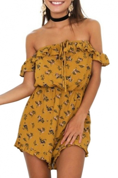 Women's Summer Yellow Floral Printed Off the Shoulder Casual Loose Romper