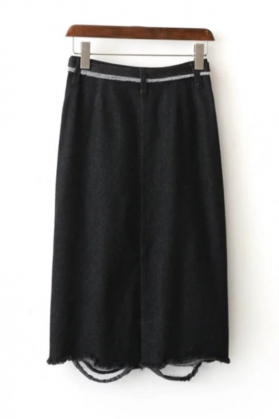 Women's Unique Distressed Ripped Hem Tied Front Plain Black Midi Shift Denim Skirt