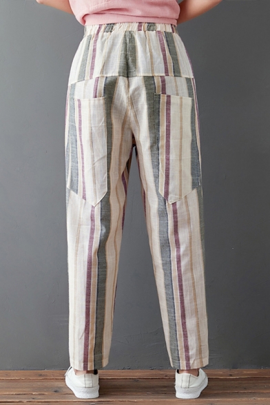 Women's Vintage Linen Vertical Stripe Printed Baggy Harem Pants