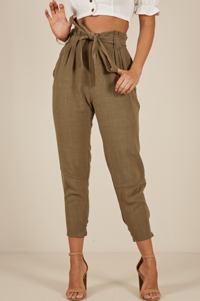 Womens Basic Solid Color Tied Waist High Rise Bow-Tied Cuff Carrot Pants Tapered Trousers