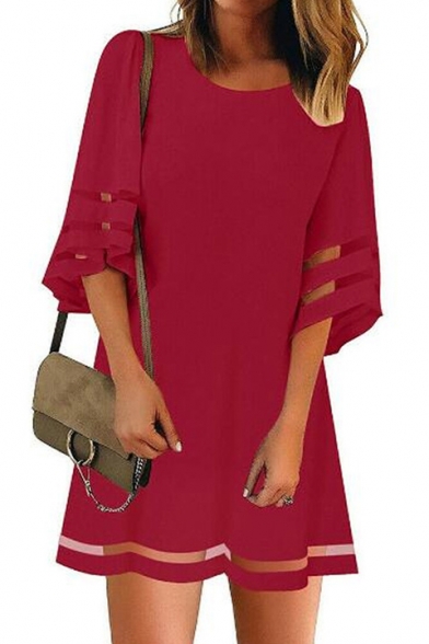 Womens Fancy Mesh Panel Solid Color Round Neck Mini Swing Dress