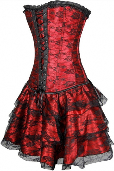 Womens Gothic Steampunk Vintage Ruffled Hem Lace-Up Corset Three-Piece Mini A-Line Bandeau Dress