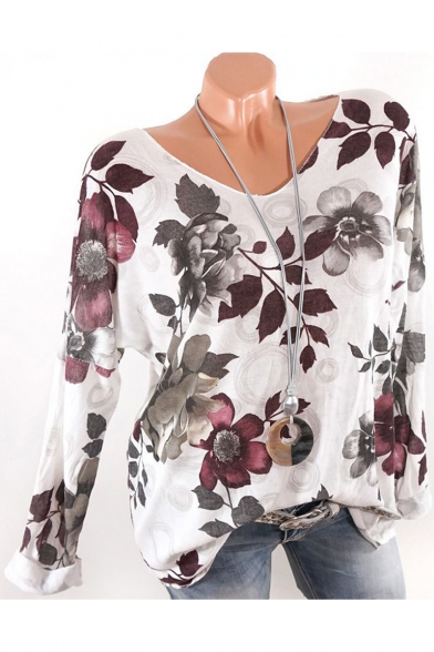 Womens New Fashion Floral Printed Long Sleeve V-Neck Relaxed Fit T-Shirt