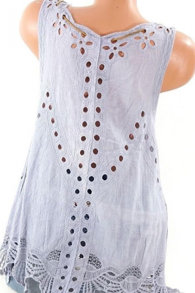Womens New Stylish Solid Color Round Neck Sleeveless Hollow Out Tank Top