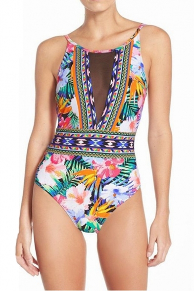 Womens New Trendy Floral Printed Mesh Panel Open Back One Piece Swimsuit Swimwear