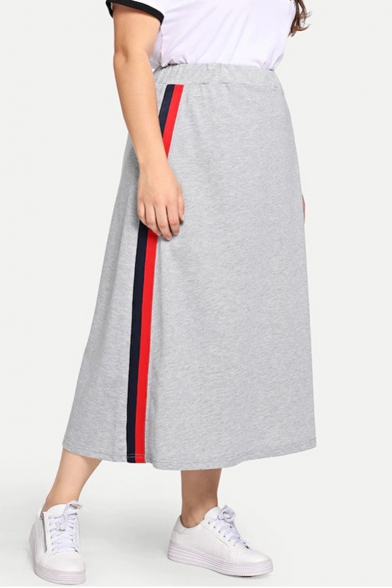 

Womens Plus Size Stripe Side Elastic Waist Cotton Gray Maxi Sport Skirt, LM519193