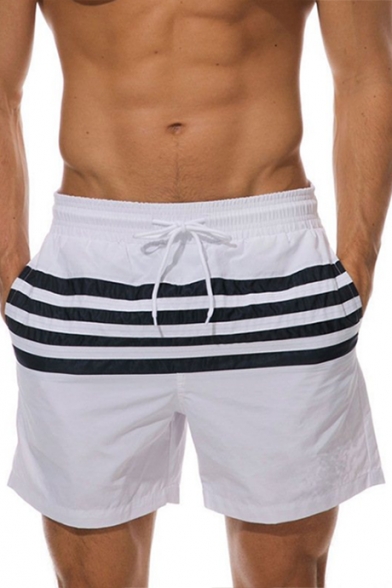 Basic Simple White Striped Printed Drawstring Waist Mens Beach Swim Shorts