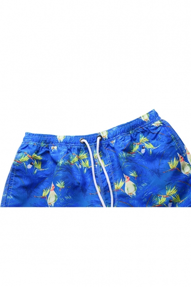 Blue Tropical Floral Bird Plants Printed Men's Drawstring Waist Swimming Trunks with Lining