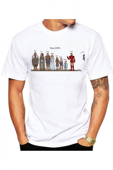 Cartoon House Stark Character Printed Basic Short Sleeve Round Neck White T-Shirt