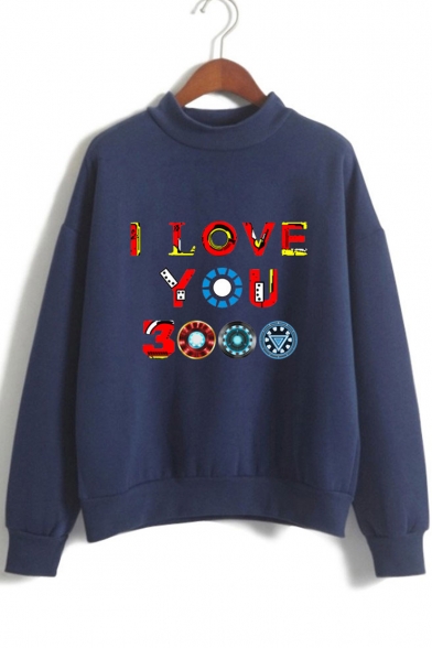 Chic Unique Colorful Iron Letter I LOVE YOU 3000 Mock Neck Long Sleeve Pullover Sweatshirt