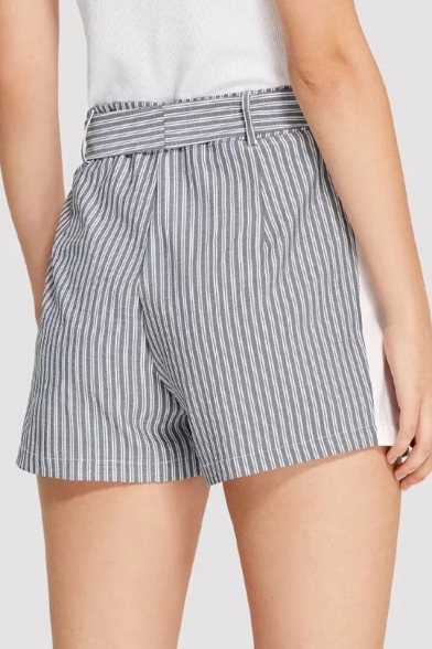 Classic Vertical Stripe Printed Bow-Tied Waist Casual Loose Shorts for Women