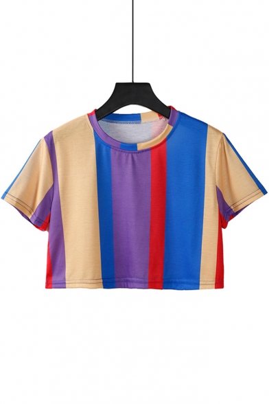 YunJey Round Neck Triple Color Block Stripe T-Shirt