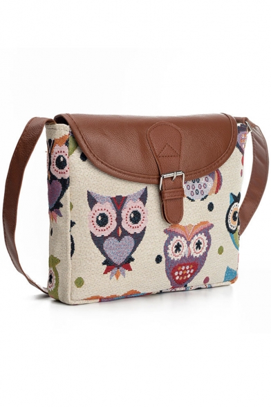 Cute Cartoon Owl Painted Khaki Canvas Long Strap Hasp Crossbody Bag 23*4*20 CM