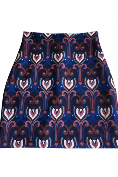 Ethnic Style Retro Pattern Blue Mini A-Line Bodycon Skirt