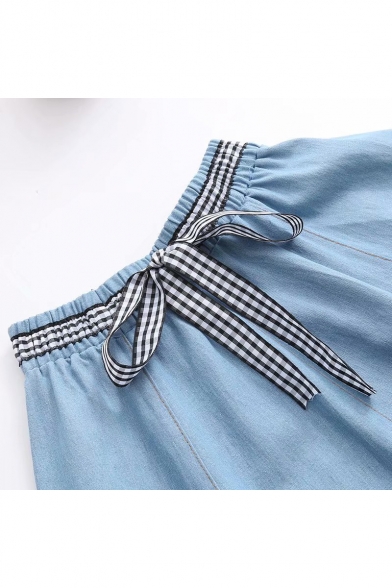 Fashion Bow-Tied Waist High Rise Solid Color Midi A-Line Denim Skirt for Girls