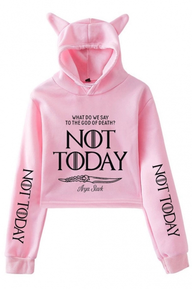 Fashion Letter NOT TODAY Long Sleeve Lovely Cartoon Cat Ear Cropped Hoodie