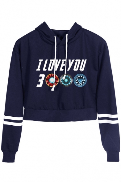 Fashion Unique Letter I Love You 3000 Striped Long Sleeve Cropped Drawstring Hoodie